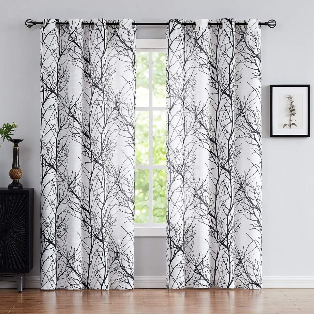 Linen White Curtains with Gray Branches 50”x96”